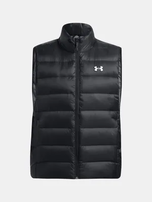 A black puffer vest with a zipper and a stand-up collar is shown against a white background.