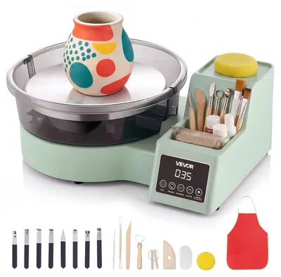 Produktbild von VEVOR Töpferscheibe, 35 cm Keramikrad Formmaschine, 60-300 U/min Geschwindigkeitsverstellbares Fußpedal, Verstellbares Hebeleg, Abnehmbares Becken, Komplettes Werkzeugzubehörset für Kunsthandwerk DIY, Weiß