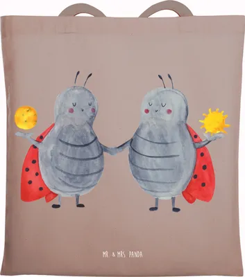 Produktbild von Mr. & Mrs. Panda Shopping Tasche Sternzeichen Zwilling - Braun Pastell - Geschenk, Zwillingsschwester, Zwillingsbruder, Zwillinge, Tote Bag, Jutebeutel, Glückskäfer