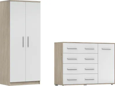 Produktbild von 2er-Set Schwebetürenschrank Schrank Kleiderschrank ohne Spiegel 80 cm OMEGA 2D mit Kommode FRIDA  135 1D4S Sonoma/Weiss