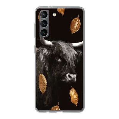 Produktbild von MuchoWow® Handyhülle Schutzhülle Hülle für Samsung Galaxy S21 Schottischer Highlander - Blätter - Gold - Schwarz Silikon Softcase Handy Hülle - Softcase