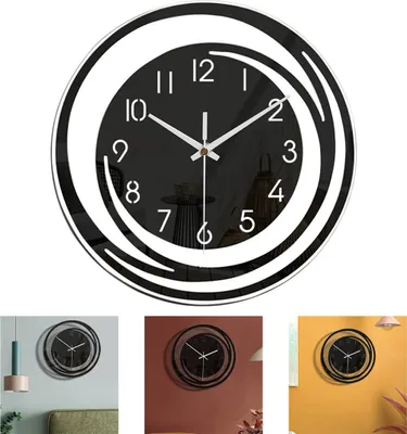 A collage of a modern wall clock in different room settings.