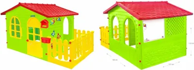 Two views of a colorful plastic playhouse with a fence.