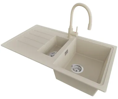 Produktbild von PRIMAGRAN Granitspüle Beige 90x50cm, Spülbecken 1,5 Becken + Küchenarmatur 38x14cm + Ablauf-Set, Küchenspüle ab 60er Unterschrank - Kopenhagen Duo