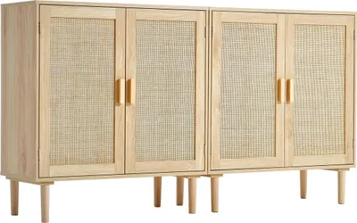 Zdjęcie produktu dla Szafka rattanowa z 4 magnetycznymi drzwiami i regulowanymi półkami, zestaw 2 sztuki, naturalna