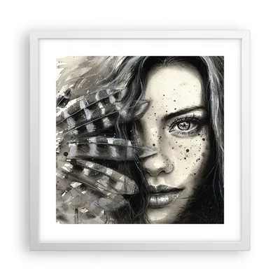 Produktbild von Gerahmtes Poster - Weißer Rahmen - Frau Federn Lippen Kunst. - 40x40 cm - Wand Bild - Wanddeko - Wandbilder - Kunstposter - Wandposter - Bilderrahmen - Bilder - Kunstdruck - Wandbild - P2WAC40x40-2874