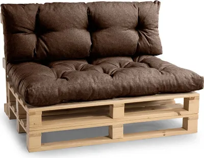 A brown pallet sofa cushion set on a wooden pallet base.