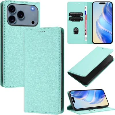 Produktbild von Litchi Leder Handyhülle für iPhone 17 Pro Max Wallet Kartenfächer Standfunktion Hülle Türkis