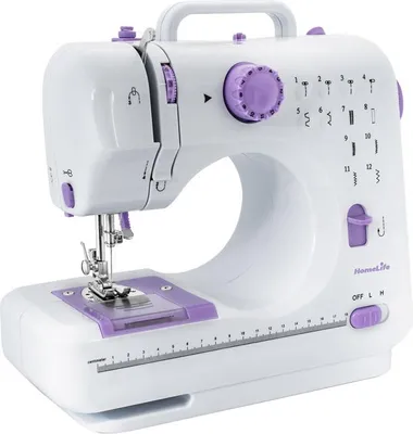 Zdjęcie produktu dla Maszyna do szycia FASHION, mini maszyna z pedałem nożnym i oświetleniem LED, biało fioletowa, podwójne zasilanie, 12 ściegów