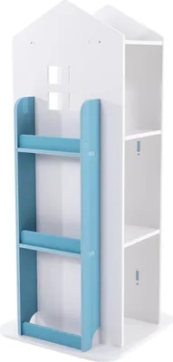 A white and blue rotating bookshelf for children.