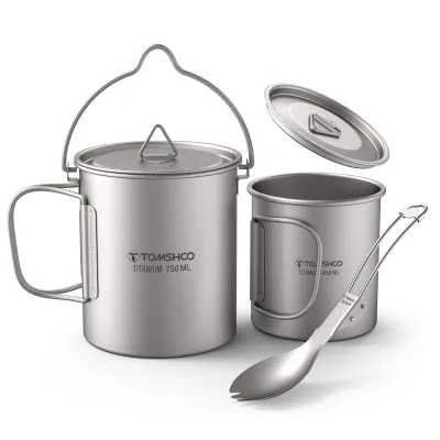 Obrázek produktu pro TOMSHOO Lehká titanová 3dílná sada Titanový hrnec 750 ml Hrnek na vodu 450 ml Hrnek s víkem Skládací rukojeť Skládací vidlička pro outdoorové kempování Turistika s batohem