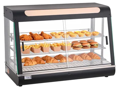 Image de Présentoir chauffant professionnel à 3 niveaux, 1 400 W, avec éclairage LED, compartiment de rangement supérieur et étagères réglables, chauffage à vapeur de 30 à 85 °C, capacité de 137 qt/130 L, pour hamburgers, pizzas, pain et poulet frit