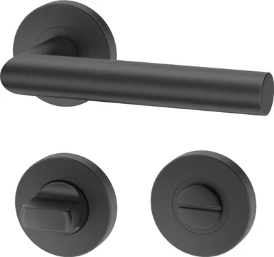 A black door handle set, including a lever handle and two rosettes, is displayed against a white background.