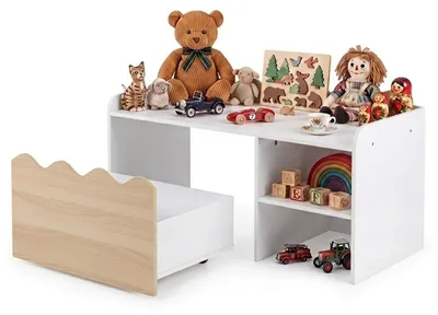 Produktbild von KOMFOTTEU Kleinkindertischset Holz, Kindertisch mit offener Regale, Kindertruhenbank mit Aufbewahrungsboxen, Kindersitzbank mit Rollen & Klappdeckel, Kindersitzgruppe , Kindermöbel für Spielzimmer