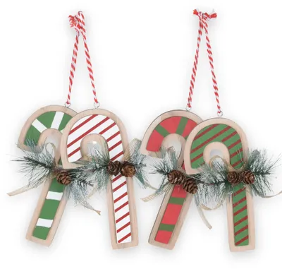 4er-Set Weihnachtsanhänger aus Holz, Zuckerstangen mit Tannenzapfen