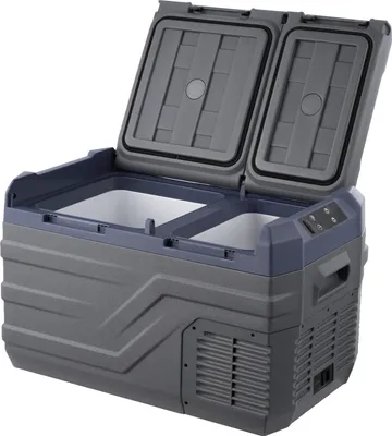 A portable dual-zone car refrigerator with its lid open.