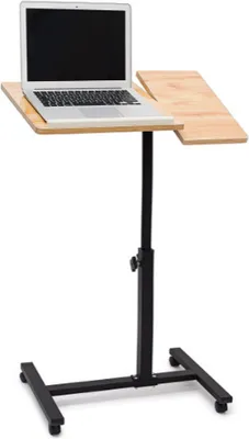 A laptop table with wheels and adjustable height is shown.