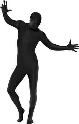 A person wearing a full black bodysuit.