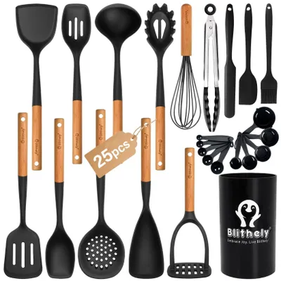 Produktbild von 25-teiliges Set aus Silikon-Küchenutensilien – mit Holzgriffen – schwarz