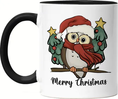 Produktbild von Merry Christmas Tasse Schwarz Geschenkidee Eule-Fans Süßes Motiv für Weihnachten für Familie Freunde