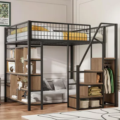 Produktbild von Flieks Etagenbett 140x200cm mit Bücherregal, Hochbett Metallbett mit Treppe und Kleiderstange, Kinderbett mit Rausfallschutz und Lattenrost, Schwarz