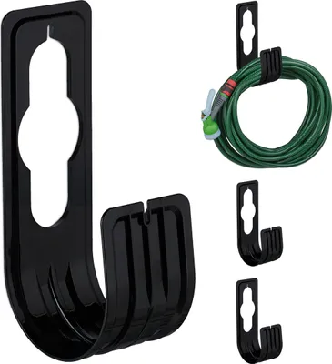 Image de Support pour tuyau Relaxdays, lot de 4, pour tuyau de 30 m, fixation pour robinet et mur, dimensions 22 x 7,5 x 10 cm, noir