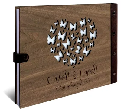 Produktbild von Personalisiertes Hochzeitsgästebuch aus echtem Holz DIN A4 mit Lasergravur - Schmetterling - 72 Blatt / 144 Seiten Naturpapier Weiß