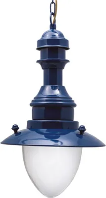 A blue hanging outdoor lamp with a white glass shade, isolated on a white background.