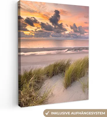 Produktbild von MuchoWow® - Leinwandbilder - Sonnenuntergang - Düne - Strand - Pflanzen - Meer, Wandbild, Wanddeko Bilder Wohnzimmer, 90x120 cm