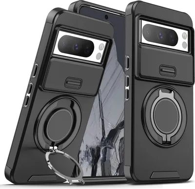 Immagine prodotto di Custodia a doppio strato per Goolge Pixel 8 Pro, con copertura scorrevole della fotocamera e supporto ad anello magnetico Nero