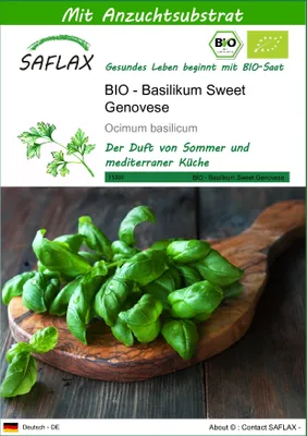 Produktbild von SAFLAX - BIO - Basilikum Sweet Genovese - 800 Samen - Mit keimfreiem Anzuchtsubstrat - Ocimum basilicum