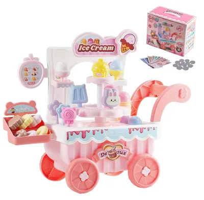 Imagen del producto de Carrito de helados VEVOR, con 27 accesorios, heladería de plástico PP, carrito de almacenamiento con dinero de juguete, efectos de sonido y luz, juguete educativo Montessori, juego de roles