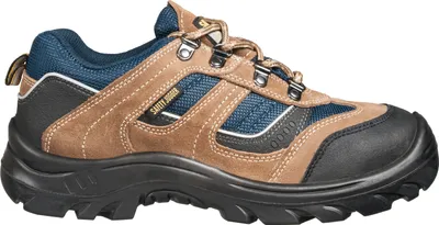 A side view of a single brown and blue safety shoe against a white background.