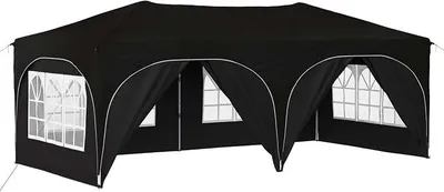 Obrázok produktu pre Prenosný stanov 3x6, skladací pavilón s 6 bočnými panelmi, s nastaviteľnou výškou. Záhradný stanov s rozmermi 575 x 288 x 245 cm, čierna farba, vyrobený z oxfordskej tkaniny. Ideálny na záhradu, svadby a oslavy