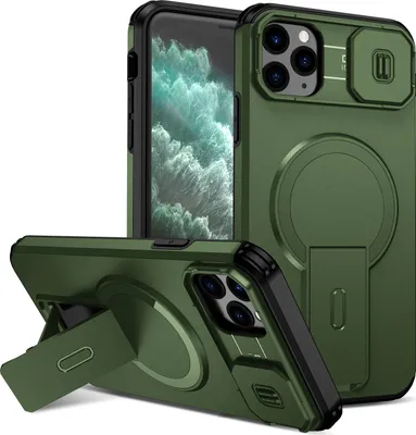 Obrázek produktu pro Magnetické pouzdro pro iPhone 11 Pro Max, dvouvrstvé odolné pouzdro s posuvnou ochranou fotoaparátu a nastavitelným stojánkem Zelená