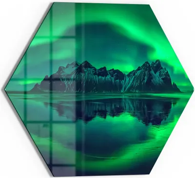 Produktbild von DEQORI Magnettafel Glas 40x35 cm 6-eckig 'Vestrahorn im Polarlicht' beschreibbar Whiteboard