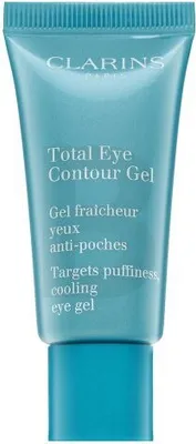 A close-up studio shot of a tube of Clarins Total Eye Contour Gel.