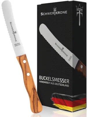 Produktbild von Schwertkrone® Buckelsmesser Wellenschliff [ GERMANY] - Wellenschliffmesser Olivenholzgriff - Tafel Messer mit Wellenschliff - Brötchenmesser - Messer mit Holzgriff - Brotzeitmesser