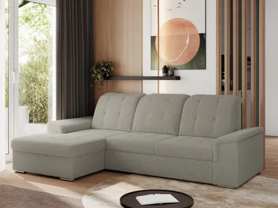 Produktbild von MKS MEBLE Sofa mit Schlaffunktion - Ecksofa mit Schlaffunktion und Bettkasten - Sofa 3 Sitzer - Schlafsofa - Couch - Schlafsofa mit Bettkasten - Madrito L - Hellgrau Boucle - Links Seite