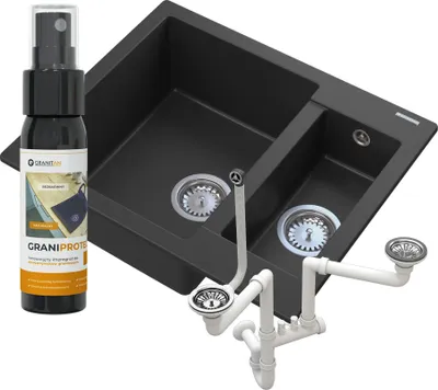 Produktbild von Granitan - Granitspüle - Küchenspüle - 1,5 Becken - 60x50 cm - Schwarz - mit Siphon - Spülbecken - KOS