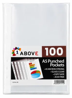 Immagine prodotto di 1. Coperture trasparenti, spessore 45 micron, formato A5, realizzate in vetro resistente, forate, adatte per raccoglitori a spirale, materiale: polipropilene