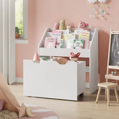 A child's room with a bookshelf, toy chest, and other decorative items.