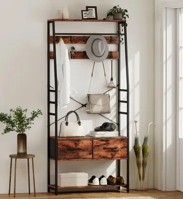 Produktbild von Garderobe mit Schuhregal, Schuhregal Mantelständer mit Sitzbank, 10 Haken, 2 Stoffschubladen, Kleiderstange