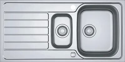 A top-down view of a stainless steel kitchen sink with two basins and a draining board.