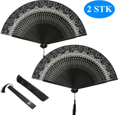 Produktbild von 2STK Handfächer Japanischer Faltfächer Klappfächer Vintage Stil Damen Herren Bambus Folding Fans Fächer für Wanddekoration Hochzeit Geschenk Muttertag Party Kostüm - Schwarzer Halbkreis