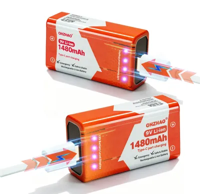 Zdjęcie produktu dla Dwa akumulatory 9 V, 1480 mAh, z wyświetlaczem LED, ładowanie przez USB-C