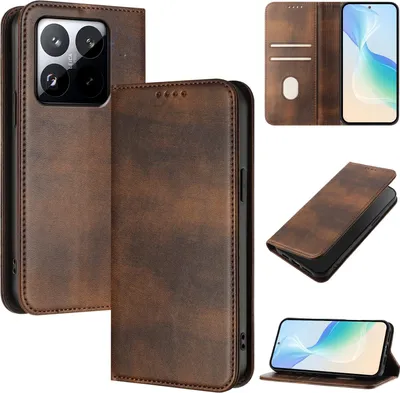 Image de Housse de téléphone portable pour Xiaomi 15T, Vintage Cuir RFID Protection Porte-carte Stand Fonction Housse magnétique à rabat Marron