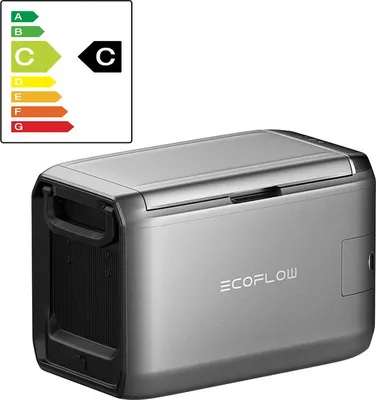 A portable refrigerator with an energy efficiency label in the top left corner.