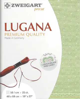 Zdjęcie produktu dla Tkanina gładkosplotowa LUGANA firmy Zweigart, wstępnie wycięta, 25 oczek na cal, kolor 6349, drobne zielone i białe wzory, tkanina do haftowania, wymiary 48x68 cm