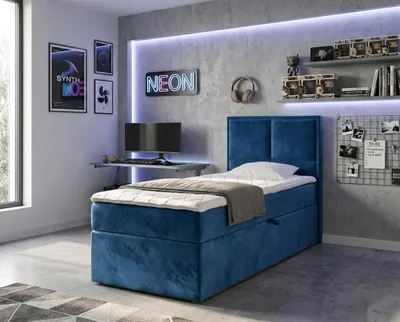 Produktbild von NORDELO Boxspringbett MODERNO 90x200 cm Blau Komplett-Set gepolstertes Einzelbett mit Stauraum, Matratze und 4 cm Visco-Topper, Bonellfederkernmatratze, T30-Schaum